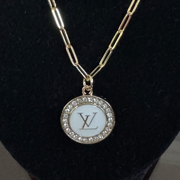 Louis Vuitton Rhinestone/White Pendant 18” Stainless Steel Gold Plated Necklace - Picture 7 of 7